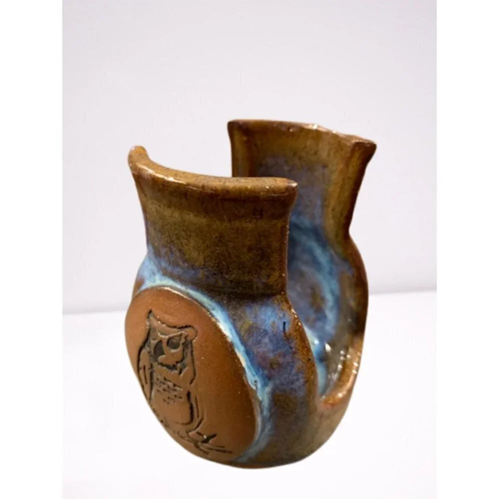 Phil Walsh Ceramic Drip Glazed Candle Holder Owl Engraved Brown Blue 3 1/2